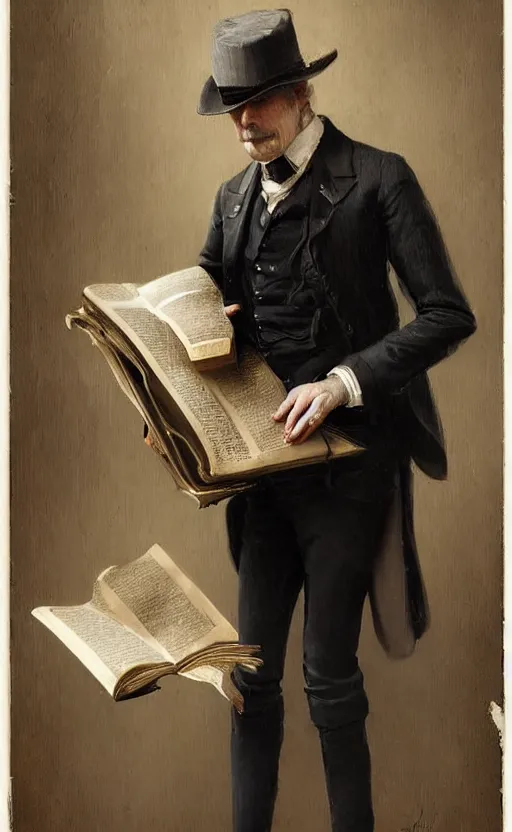 Image similar to portrait of a middle aged victorian gentleman, holding a large book, dressed in suit and waistcoat, male, detailed face, victorian, highly detailed, cinematic lighting, digital art painting by greg rutkowski