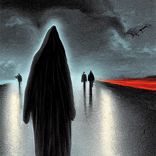 Prompt: hooded figure walking in a thunderstorm, illustration, 4 k, highly detailed