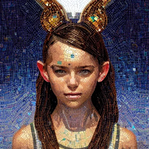 Image similar to mosaic portrait of a beautiful young girl with robot ears falling into the sun by greg rutkowski, 4k, intricate details, dichotomy