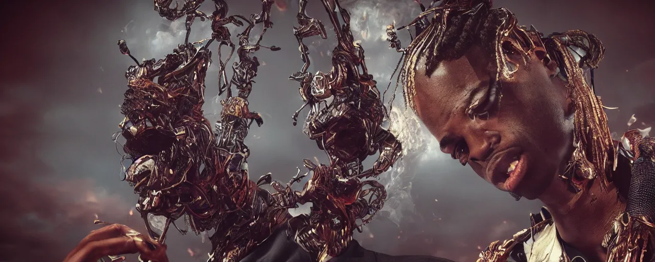 Prompt: dj travis scott, 4 k, intricate detailed, jaw dropping, gorgeous, surreal, octane render