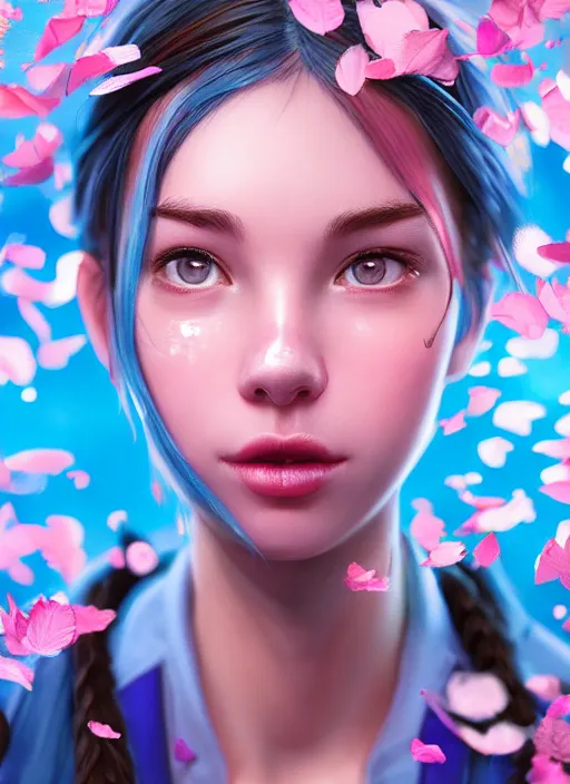 Image similar to wendys restaurant girl covered in translucent blue and pink leaf and petals in the style of stefan kostic, cute - fine - face, dasha taran, backlit, refracted lighting, elegant, half body shot, 8 k, insanely detailed, intricate, art by stanley lau, artgerm, wlop, kuvshinov ilya,