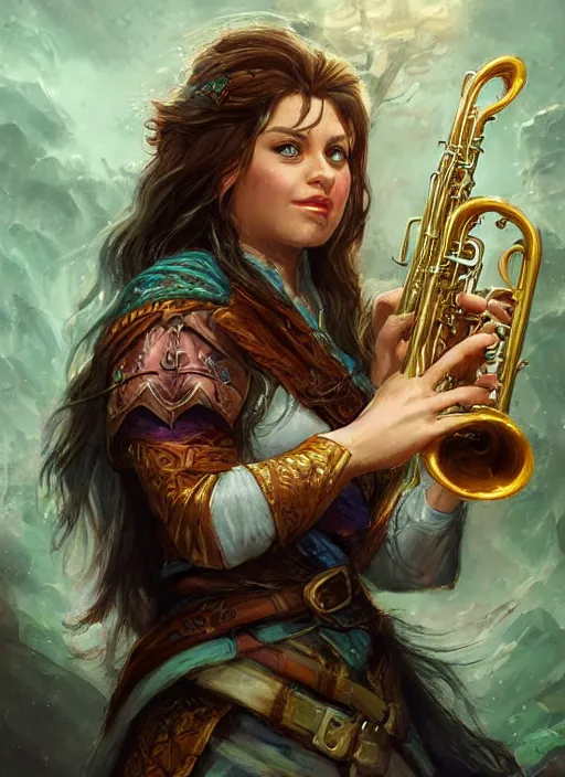 Image similar to female bard playing trumpet, ultra detailed fantasy, dndbeyond, bright, colourful, realistic, dnd character portrait, full body, pathfinder, pinterest, art by ralph horsley, dnd, rpg, lotr game design fanart by concept art, behance hd, artstation, deviantart, hdr render in unreal engine 5