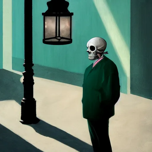 Image similar to a portrait of a lonely man with a skull as his head, green dramatic and cinematic light from the streetlight, the background is the sky full of stars, in the style of edward hopper, 4 k,