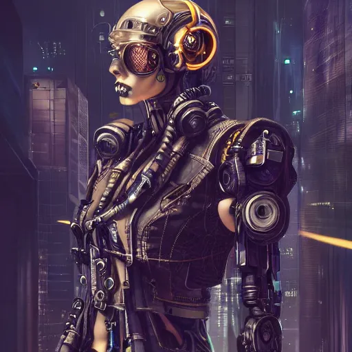 Prompt: cybernetic hunter, cyberpunk, wires, skulls, machines gutter punk steampunk cyborg, yakuza, golden ratio, details, scifi, fantasy, cyberpunk city, intricate, decadent, highly detailed, octane render, digital painting, artstation, concept art, sharp focus, illustration, art by artgerm, loish, wlop