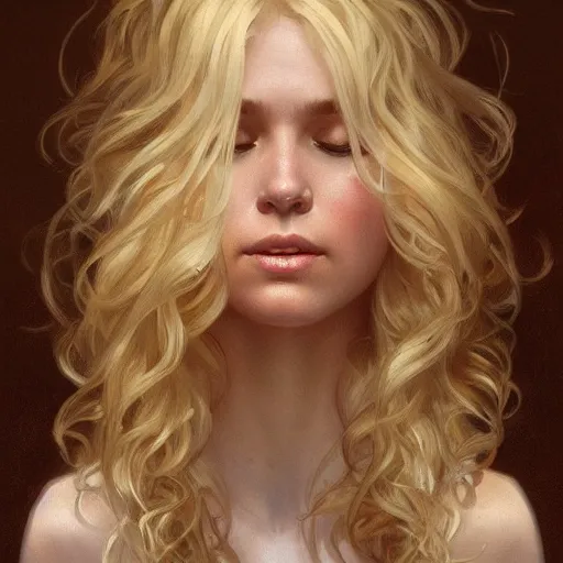 Image similar to A pregnant blond woman with closed eyes smiling, very detailed face, long fluffy curly blond hair, light blond hair, gorgeous, beautiful, intricate, highly detailed, digital painting, artstation, concept art, sharp focus, illustration, art by greg rutkowski and alphonse mucha