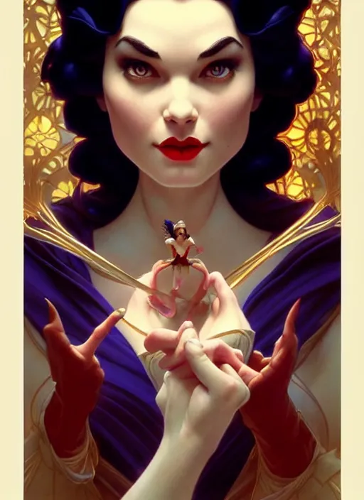 Image similar to disney snow white as a villain, intricate, elegant, highly detailed, my rendition, digital painting, artstation, concept art, smooth, sharp focus, illustration, art by artgerm and greg rutkowski and alphonse mucha and uang guangjian and gil elvgren and sachin teng, symmetry!!