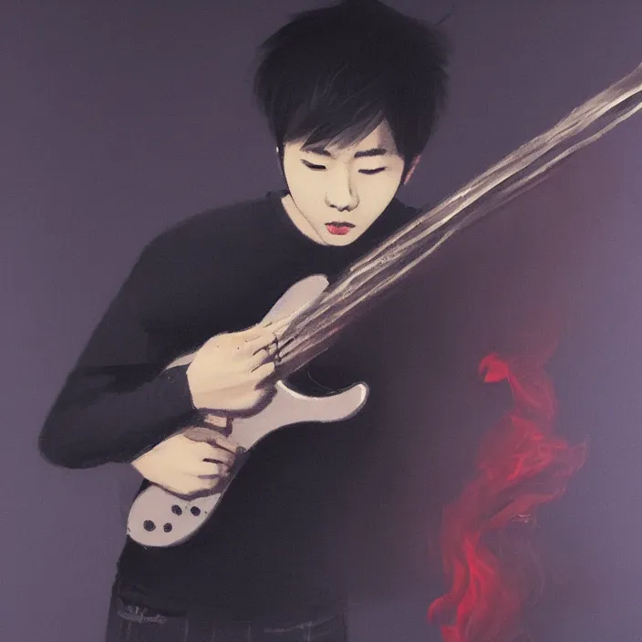 Prompt: a young korean man wearing black t shirt holding an electric guitar!! in dark room, dramatic smoke, contrast lighting, matte colors, thought provoking, dramatic brush painting, trending on artstation