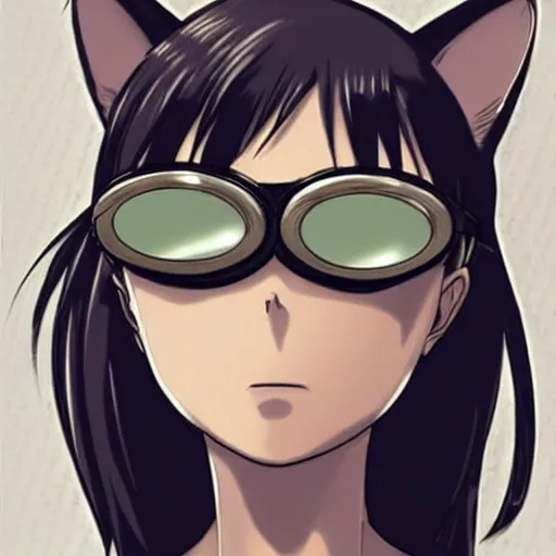 Image similar to cat person with steampunk goggles on forehead, style of hajime isayama