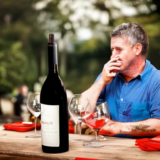 Prompt: photograph of a frenchman seated at a table with a bottle of wine in 2 0 2 0. colorful, award winning photography, 5 0 mm, extremely detailed face