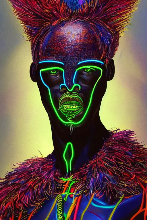 Prompt: detailed full body concept illustration of an African male with body augmentations, strong neon lighting, Afrofuturism, extravagant feathered collar, by Greg Staples, hyper realistic, HD, oil on canvas