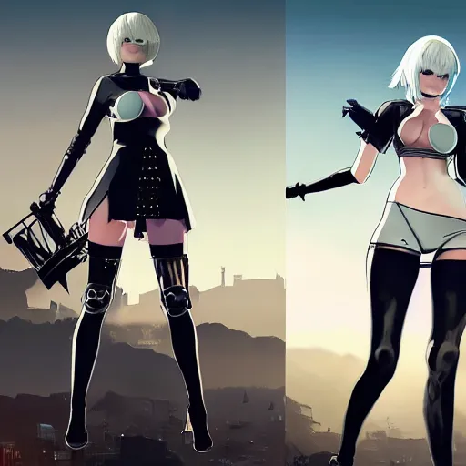 Image similar to 2B nier automata in a GTA 5 loading screen, concept art by Anthony McBain, trending in artstation, artstationHD, artstationHQ