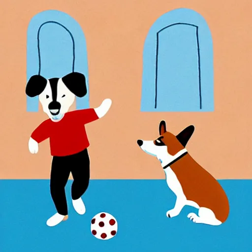 Image similar to illustration of french boy in paris playing football against a corgi, the corgi is wearing a polka dot scarf