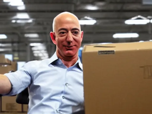 Prompt: jeff bezos working in an amazon warehouse