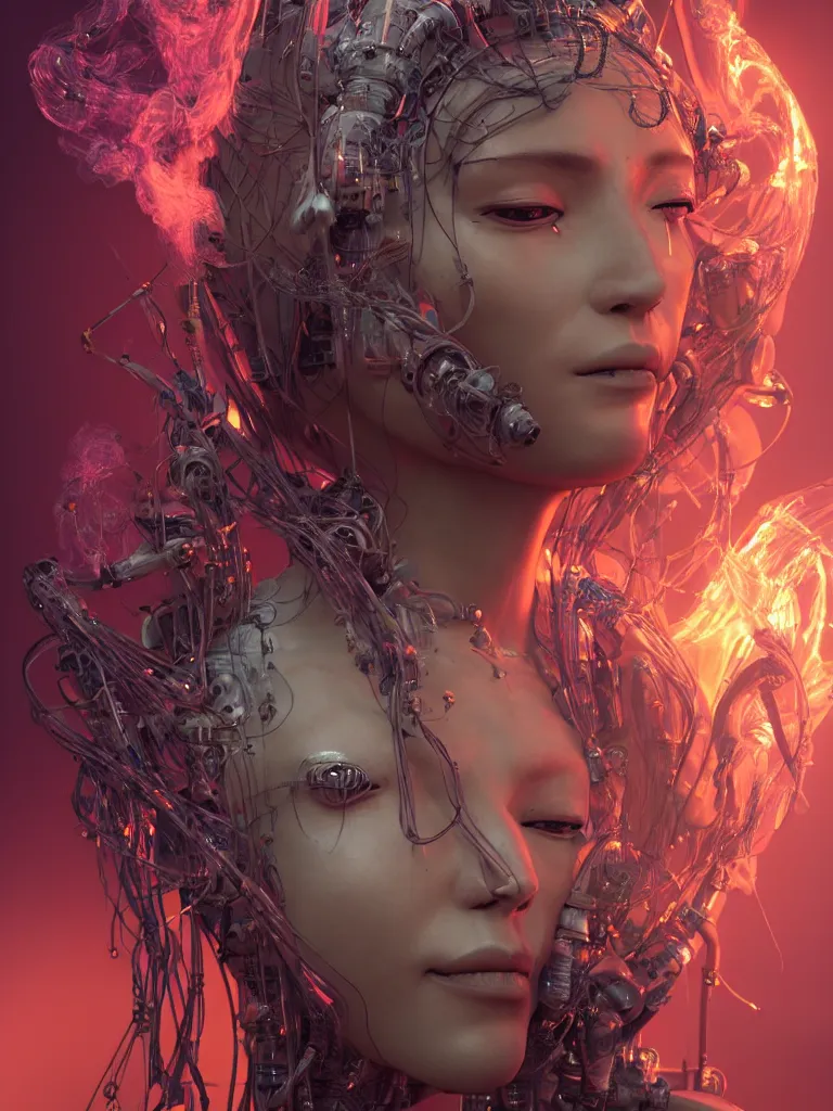 Image similar to an ancient mystical alluring female shaman generating flowing energy and surrounded by wisps of incense smoke sits meditating in a magical cybernetic robot temple, face face face, by ross tran and roberto ferri, 3 d, cinema 4 d render, trending on artstation