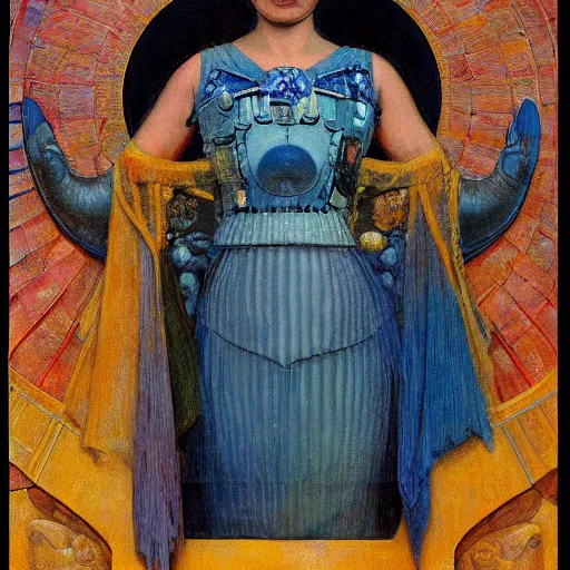 Image similar to the little robot queen in her regalia, by annie swynnerton and alayna danner and diego rivera and elihu vedder, symbolist, dramatic lighting, elaborate geometric ornament, smooth, sharp focus, extremely detailed, adolf wolfli, soft pastel colors