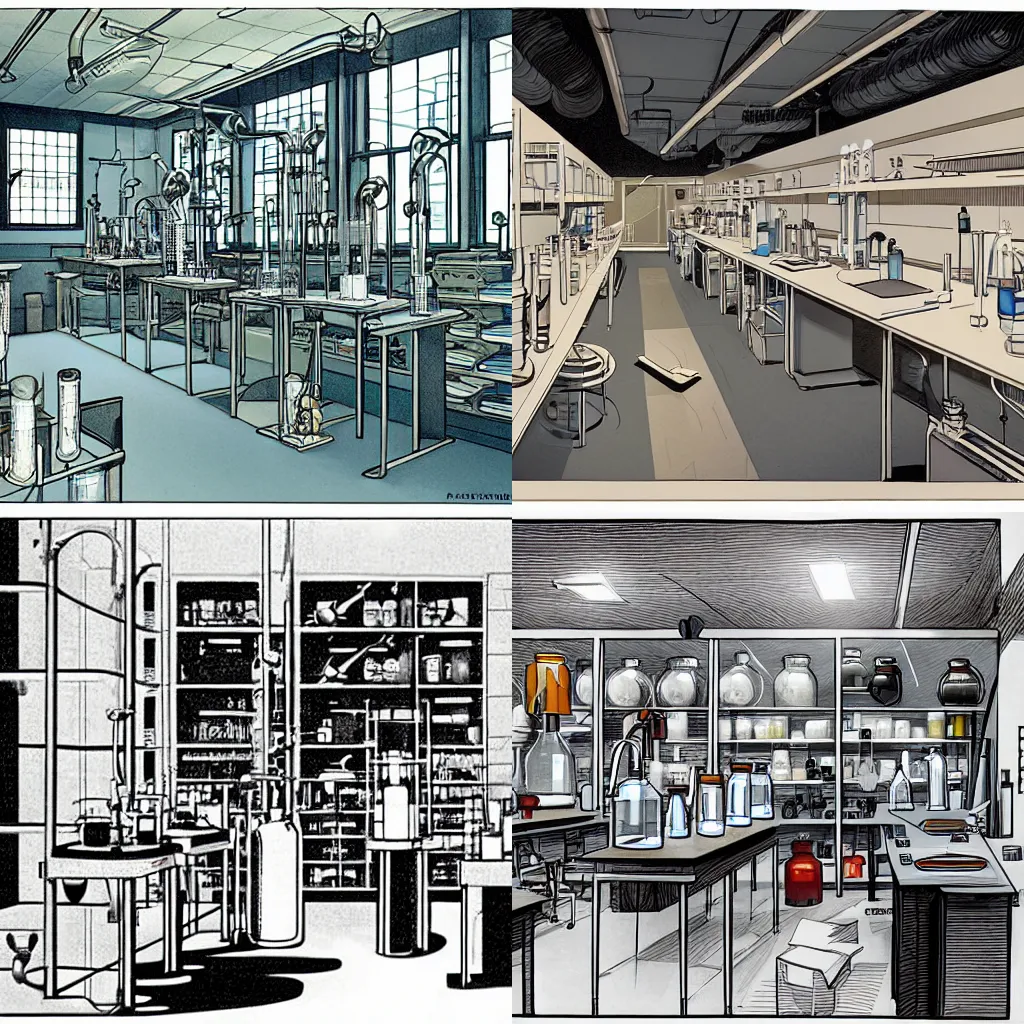 Prompt: interior view of a laboratory, beakers and tubes and various lab equipment, digital art by Abigail Larson and Al Williamson and Anne Stokes