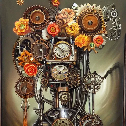 Image similar to beautiful steampunk mechanical flowers, detailed oil painting,