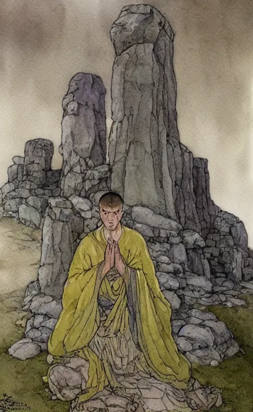 Image similar to a realistic and atmospheric watercolor fantasy concept art of giant monk in grey robes sitting in stonehenge. in the foreground a small female medieval monk in grey robes is kneeling with her hands by her sides. by rebecca guay, michael kaluta, charles vess