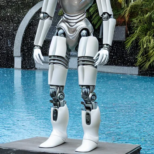 Image similar to made of ice, a realistic detailed photo of a guy who is an attractive humanoid who is half robot and half humanoid, who is a male android, on display, blank stare, showing off his muscles, shiny skin, posing like a statue, by the pool, frozen ice statue, twitch streamer / gamer ludwig, humanoid robot