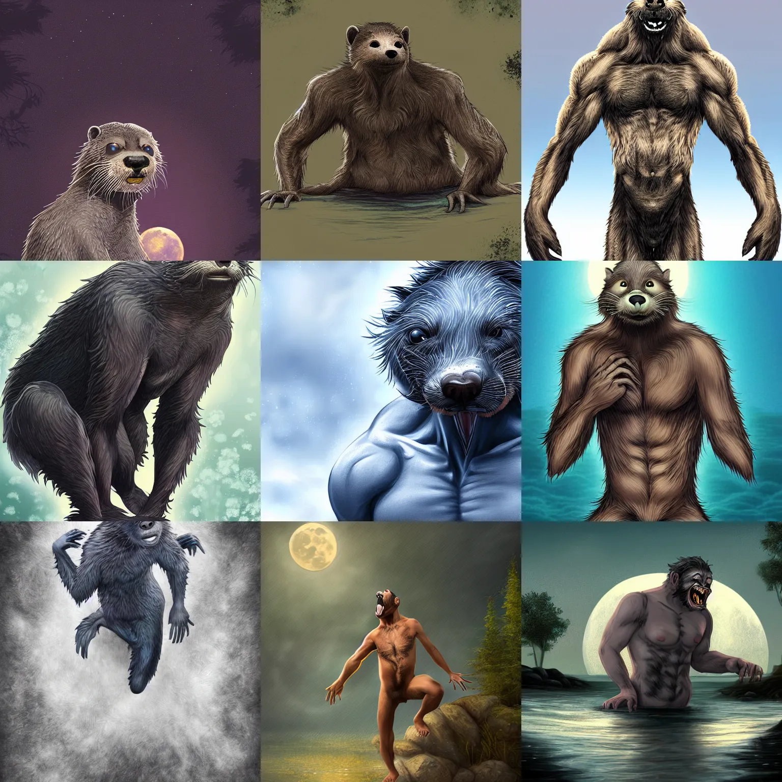 Prompt: man transforming into a wereotter during a full moon, digital art, very detailed, 4 k hd, anime