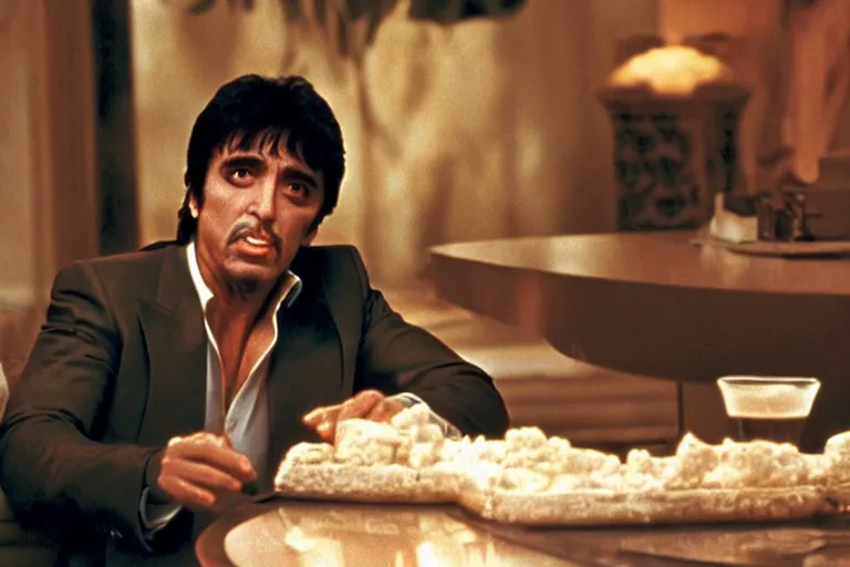 Image similar to tony montana from movie scarface 1 9 8 3 sitting at a big black oak table with big transparant packages of flour. next to the night window. al pacino. perfect symmetric face, coherent eyes,, fine details, 4 k, ron cobb, cinestill