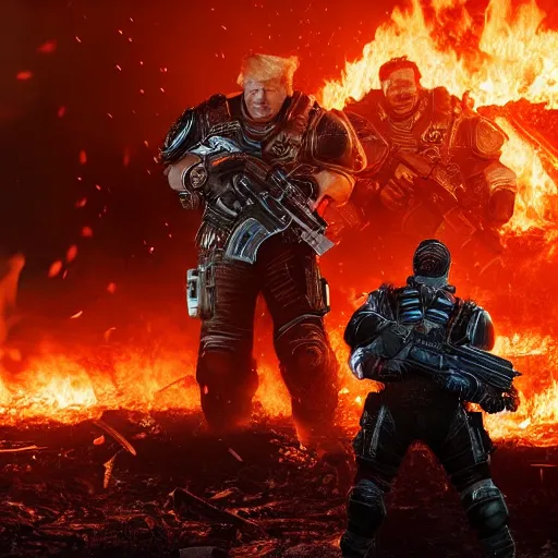 Image similar to Photo portrait of Donald Trump burning in hell!! in Gears of War, splash art, movie still, detailed face, photorealistic facial features, cinematic lighting, dramatic, octane render, long lens, shallow depth of field, bokeh, anamorphic lens flare, 8k, hyper detailed, 35mm film grain