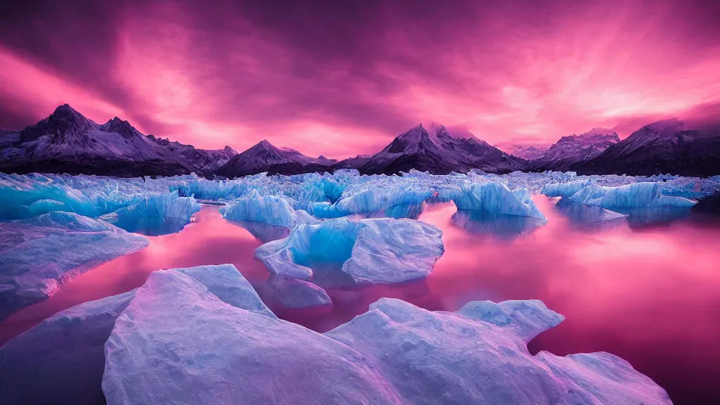 Image similar to amazing landscape photo of a pink glacier with lake in sunset by marc adamus, beautiful dramatic lighting