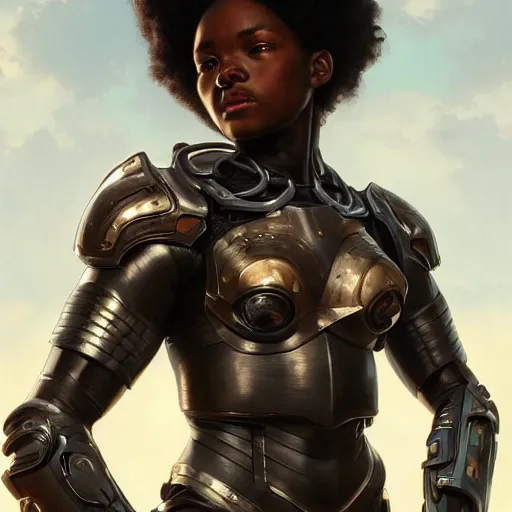 Image similar to portrait painting of a muscular black girl with futuristic armor, ultra realistic, concept art, intricate details, eerie, highly detailed, photorealistic, octane render, 8 k, unreal engine. art by artgerm and greg rutkowski and alphonse mucha