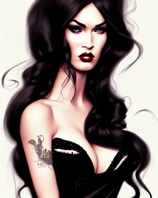 Image similar to megan fox with dark eye makeup, vegas show girl in a bar on stage, long windblown black hair, pinup, intricate, elegant glamorous pose, sharp focus, illustration, charlie bowater