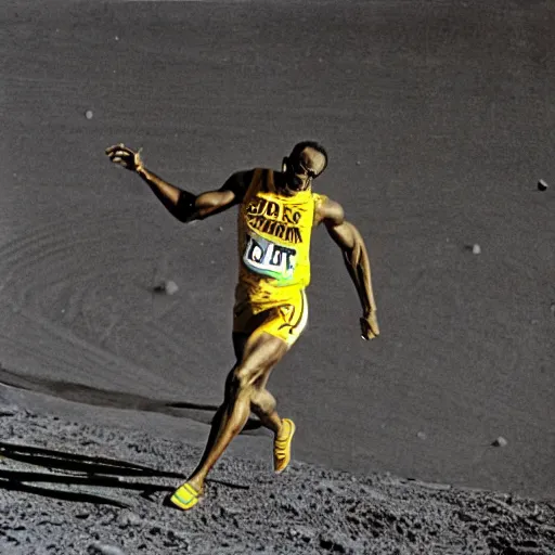 Prompt: usain bolt racing on the moon, kodachrome film