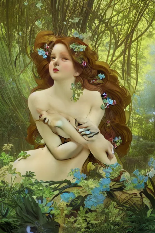 Image similar to Curvaceous fairy goddess sitting on a vivid flower in a lush green forest, Mark Arian and Alphonse Mucha, highly detailed, intricate, dynamic lighting, octane render, 8k