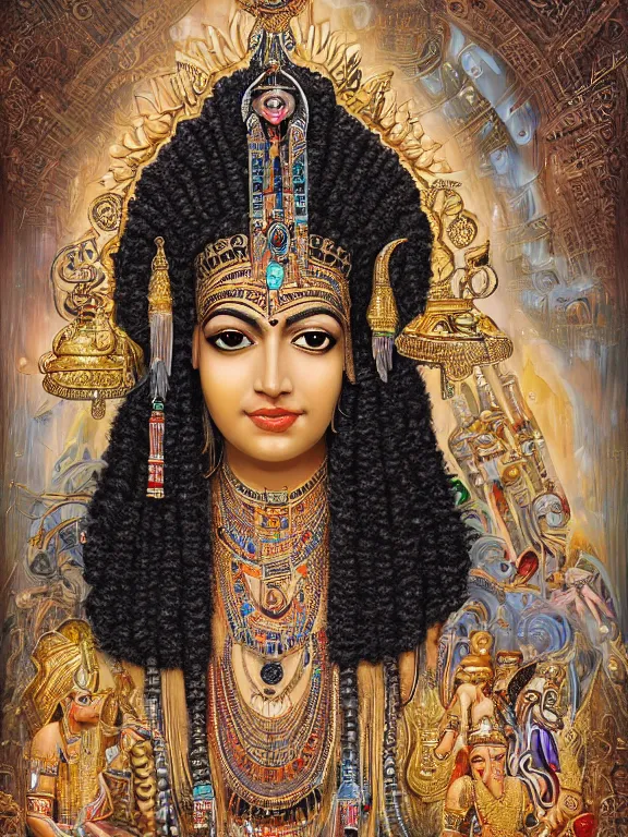 Prompt: a beautiful portrait render of Hinduism goddness who has dramatic Ancient Egyptian religion headdress with baroque intricate fractals of jewelry and colorful pearls tassels made of crystal,by Billelis and aaron horkey and Nekro and peter gric and Virginie Ropars,ZBrush,hyperreal,jewelry,gold,maximalist