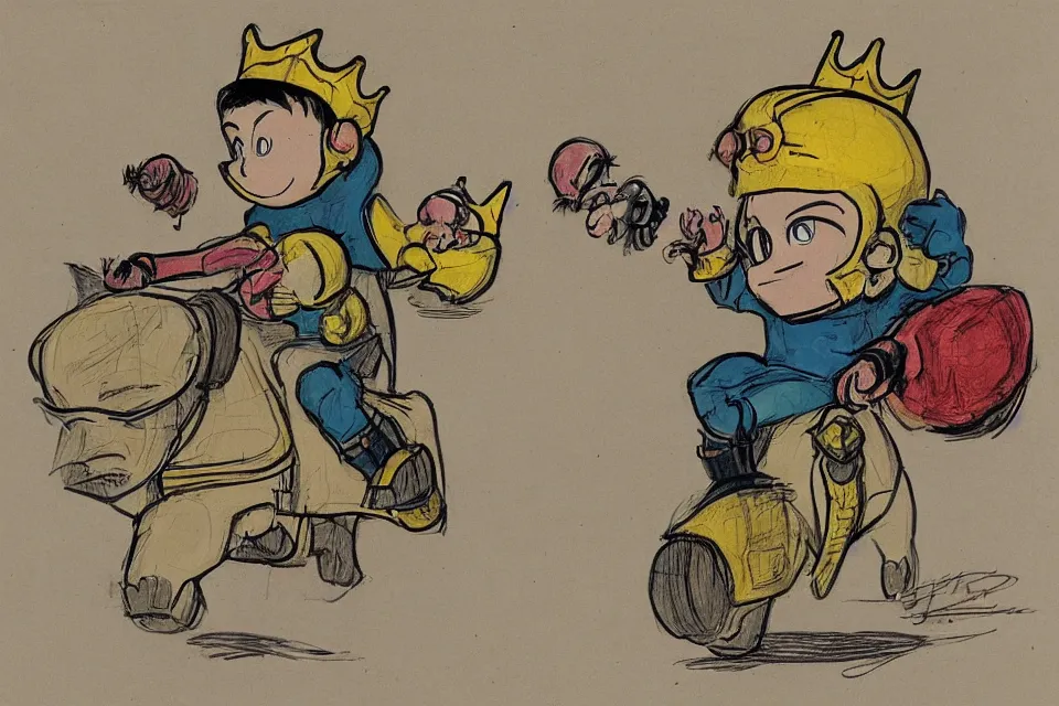 Image similar to concept sketches of a young boy riding a wearing a gold crown riding a large pig by jamie hewlett, in the style of megaman