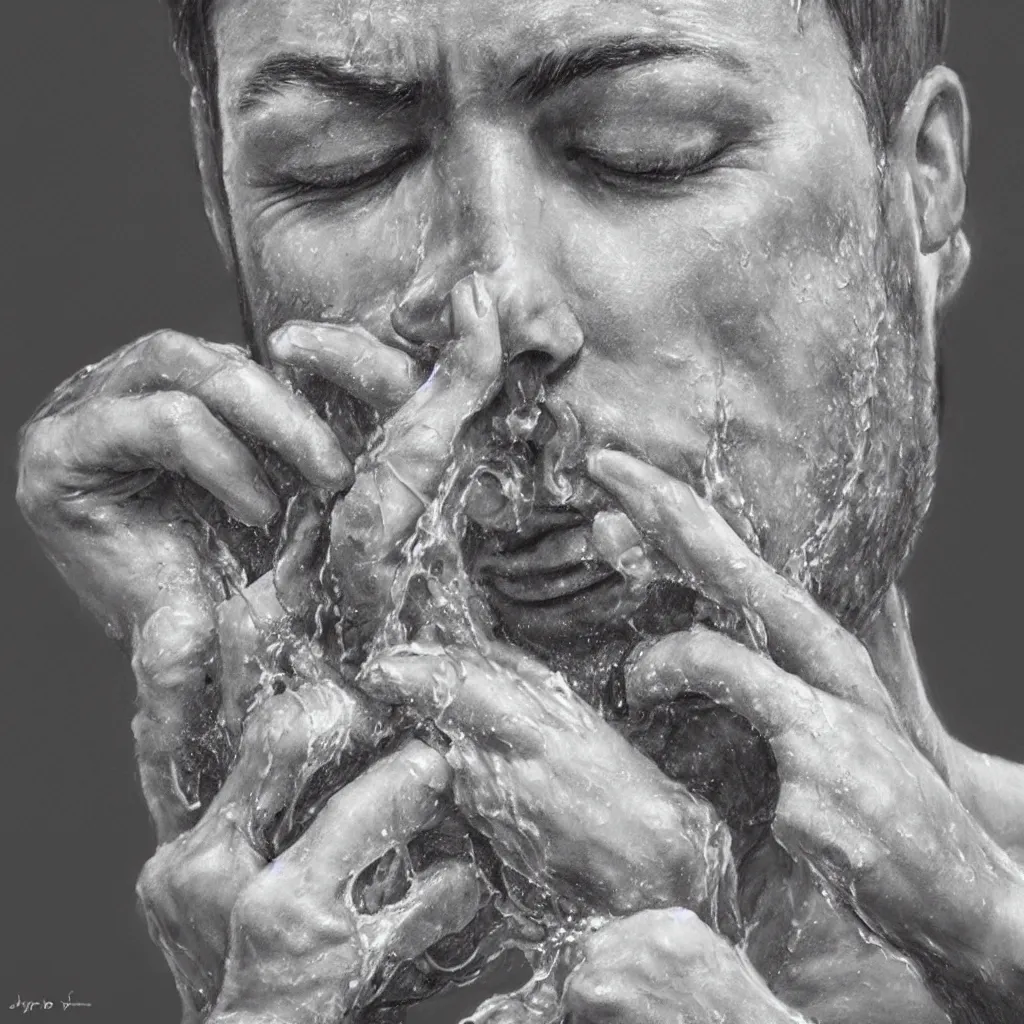 Image similar to hyper realistic sketch of a man washing his face by jono dry
