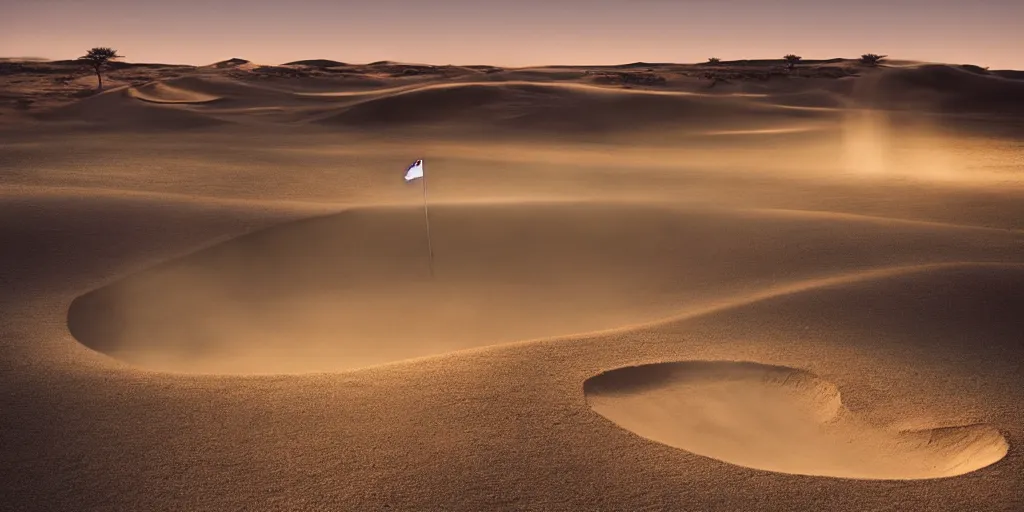 Prompt: a great photograph of the most amazing golf hole in the world, in the sahara desert, ambient light, golf digest, top 1 0 0, fog