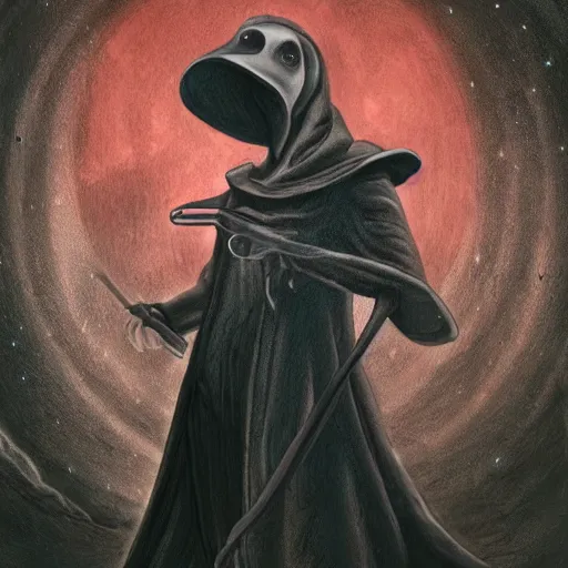 Image similar to a portrait of a plague doctor gunslinger in the abyss of deep space photorealistic, detailed photography, divinity, awful, cosmic horror, religious art