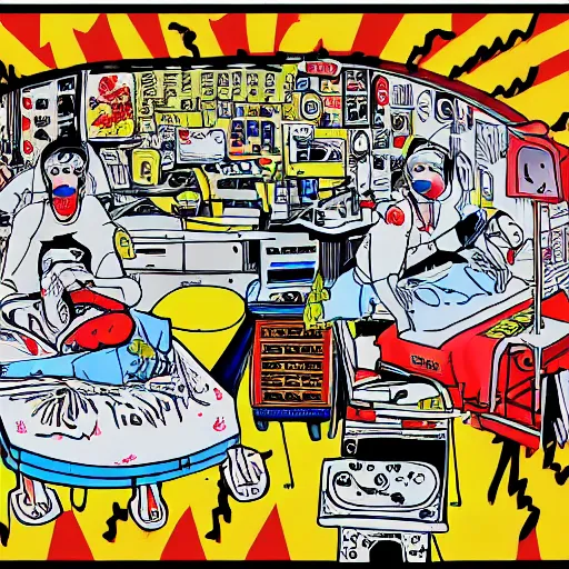 Image similar to surgery operating table, in the style of daniel johnston and outsider art, 8k, line brush, overlaid with chinese adverts