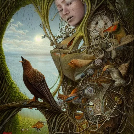 Image similar to a painting of a person with bird traits, a detailed painting by Andrew Ferez, cgsociety, fantasy art, biomorphic, mystical, whimsical