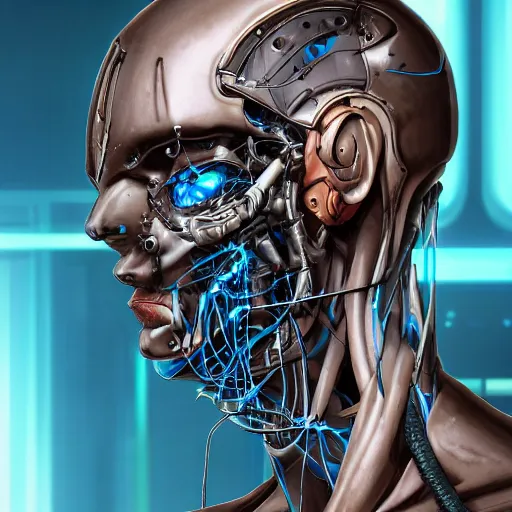 Image similar to Male cyborg, battle-damaged, scarred, wearing facemask, youthful face, bored expression, blue eyes, sterile background, head in profile, sci-fi, wires, cables, gadgets, Digital art, detailed, anime, artist Katsuhiro Otomo
