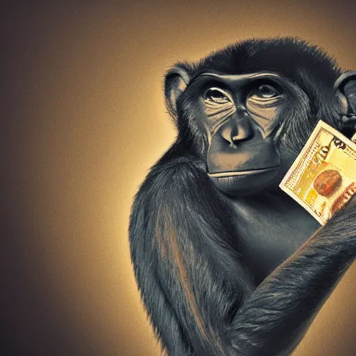 Image similar to monkey holding money, chromatic, crepuscular rays, dslr, caravaggio, ciane color, dof