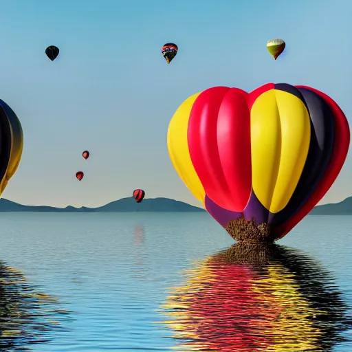 Image similar to photo of two black swans swimming in a beautiful reflective mountain lake, touching heads, forming a heart with their necks, a colorful hot air balloon is flying above the swans, hot air balloon, intricate, 8k highly professionally detailed, HDR, CGsociety