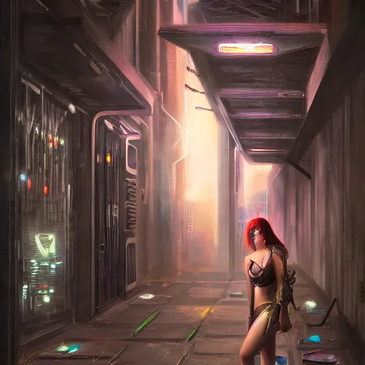 Image similar to a beautiful realistic portrait of a cyberpunk priestess in a dark alley