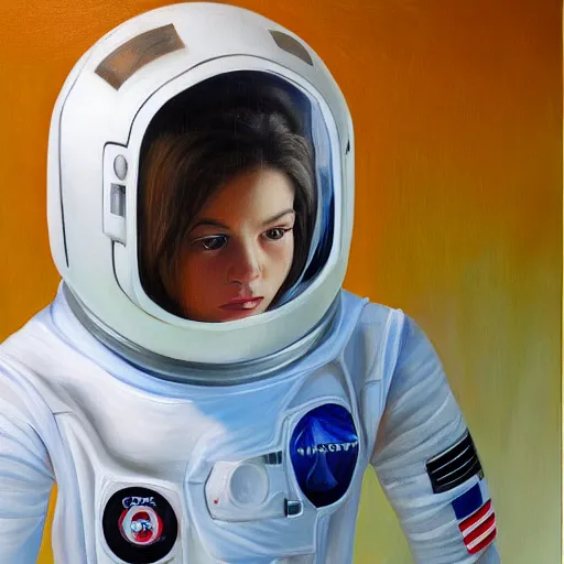 Image similar to girl in futuristic astronaut suit, portrait, hyperrealism oil painting