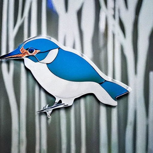 Image similar to wall art of a real life kingfisher made out of reflective crystal and very reflective polished metal, in the background is a forest, product photography