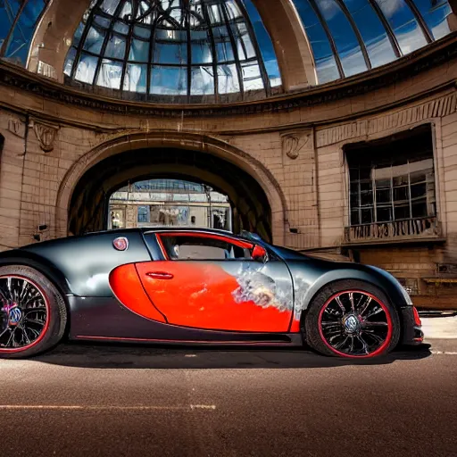 Image similar to photograph of a wrecked bugatti veyron in front of union station in kansas city missouri, dramatic lighting, realistic, 8 k