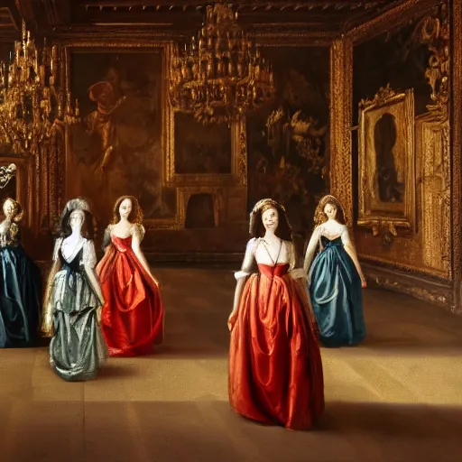 Image similar to fine art, oil on canvas. six women in a vast castle lobby wearing fine clothes, no faces visibles. dark room with light coming through the right side. baroque style 1 6 5 6. high quality realistic recreation of illumination shadows and colors, no distortion on subject faces.