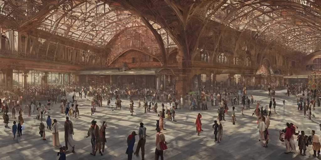 Prompt: cinematic movie scene, establishing shot, precise architectural rendering, interior of british era india railway station, bustling with people and, emerald, crystalline, detailed illustration, sharp focus, concept art, unreal engine, octane render, god rays, aesthetic