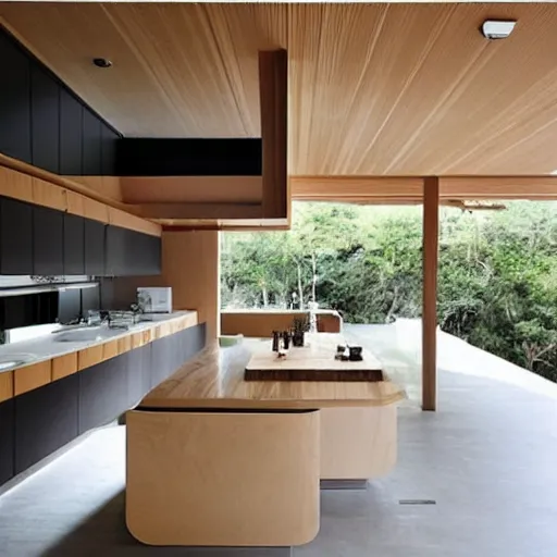 Image similar to “extravagant luxury modern kitchen, interior design, Japanese and Scandinavian and New Zealand influences, natural materials, by Tadao Ando and Koichi Takada”