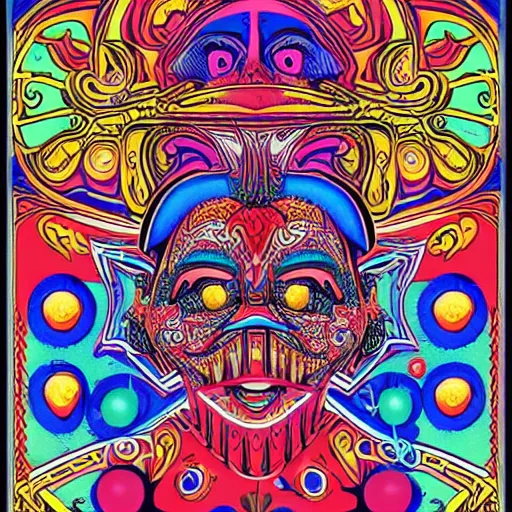 Image similar to Fillmore concert poster for The Bozone by Wes Wilson and Rick Griffin, psychedelic, intricate paisley filigree Bozo the clown. red clown nose, mandala, day-glo colors, blue and white color scheme, flowing lettering