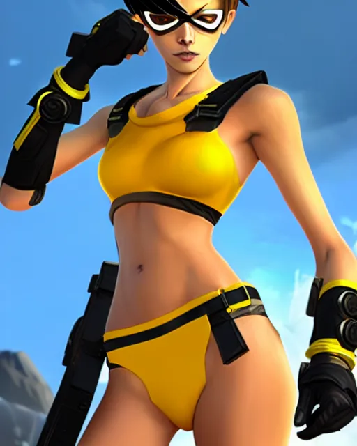 Image similar to tracer game character, in yellow bikini, blonde hair, black eyes, full height